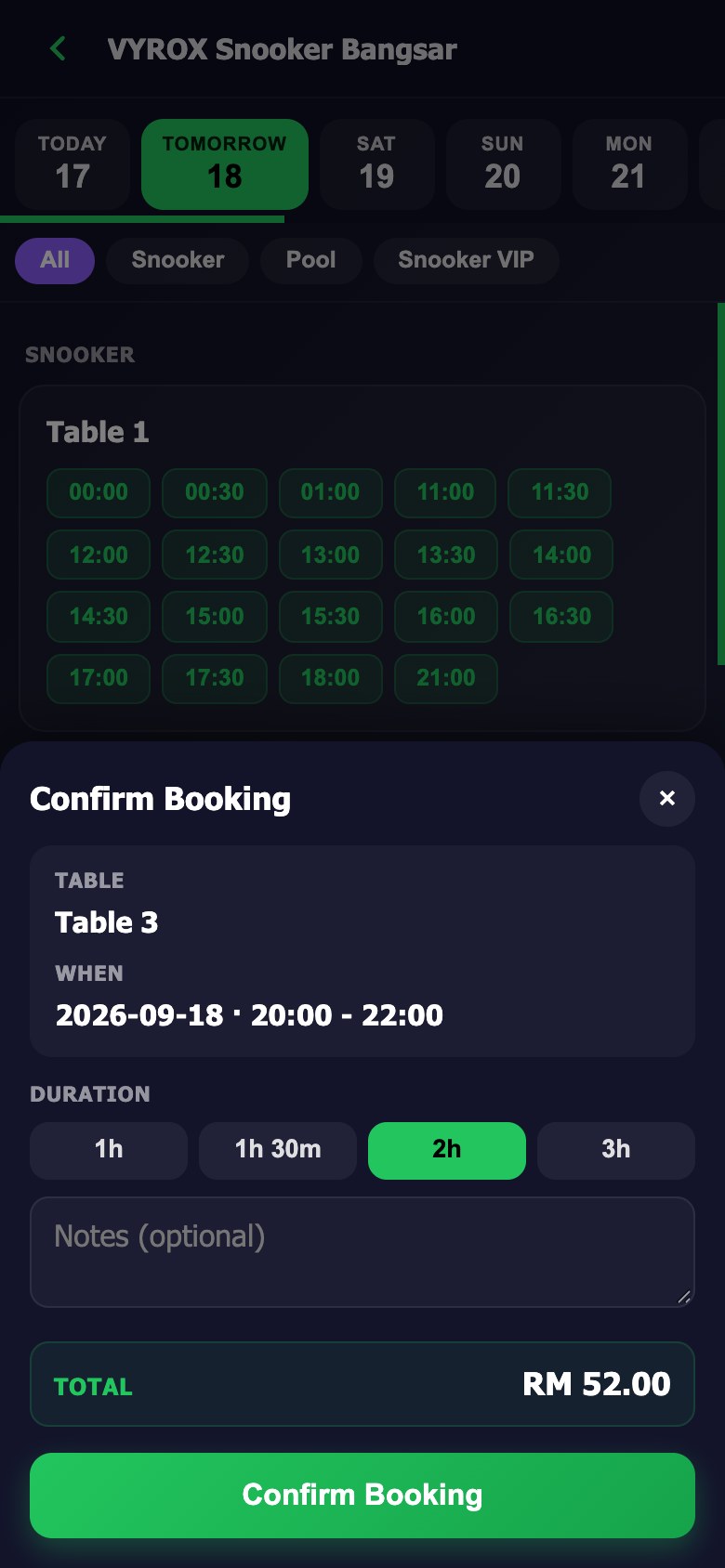 Confirming a booking in the Snooker King member app, with the duration and the total before it is placed