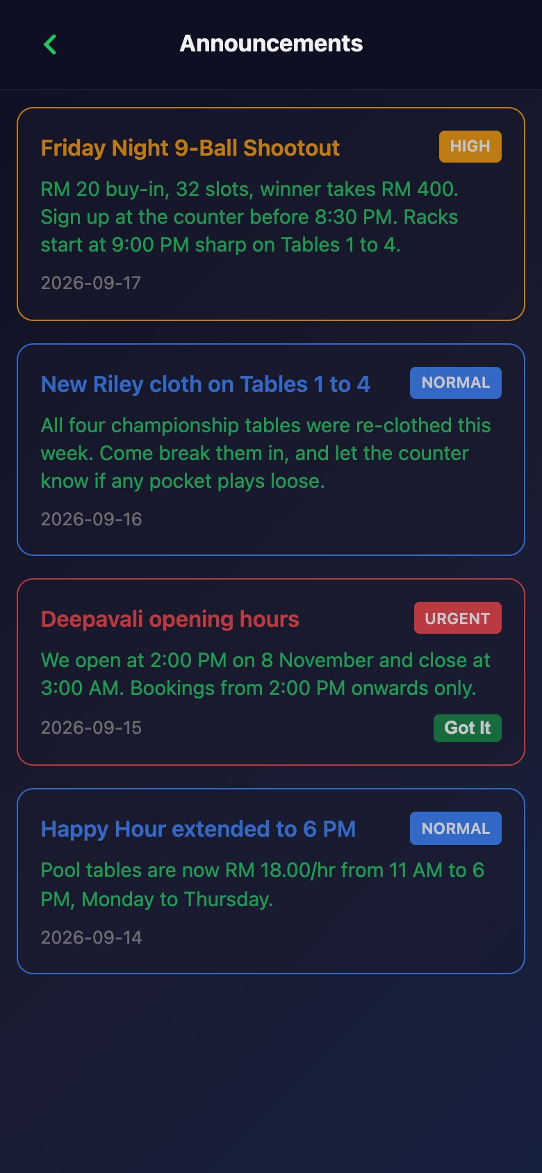 Club announcements in the Snooker King member app: new cloth, happy hour, tournament nights