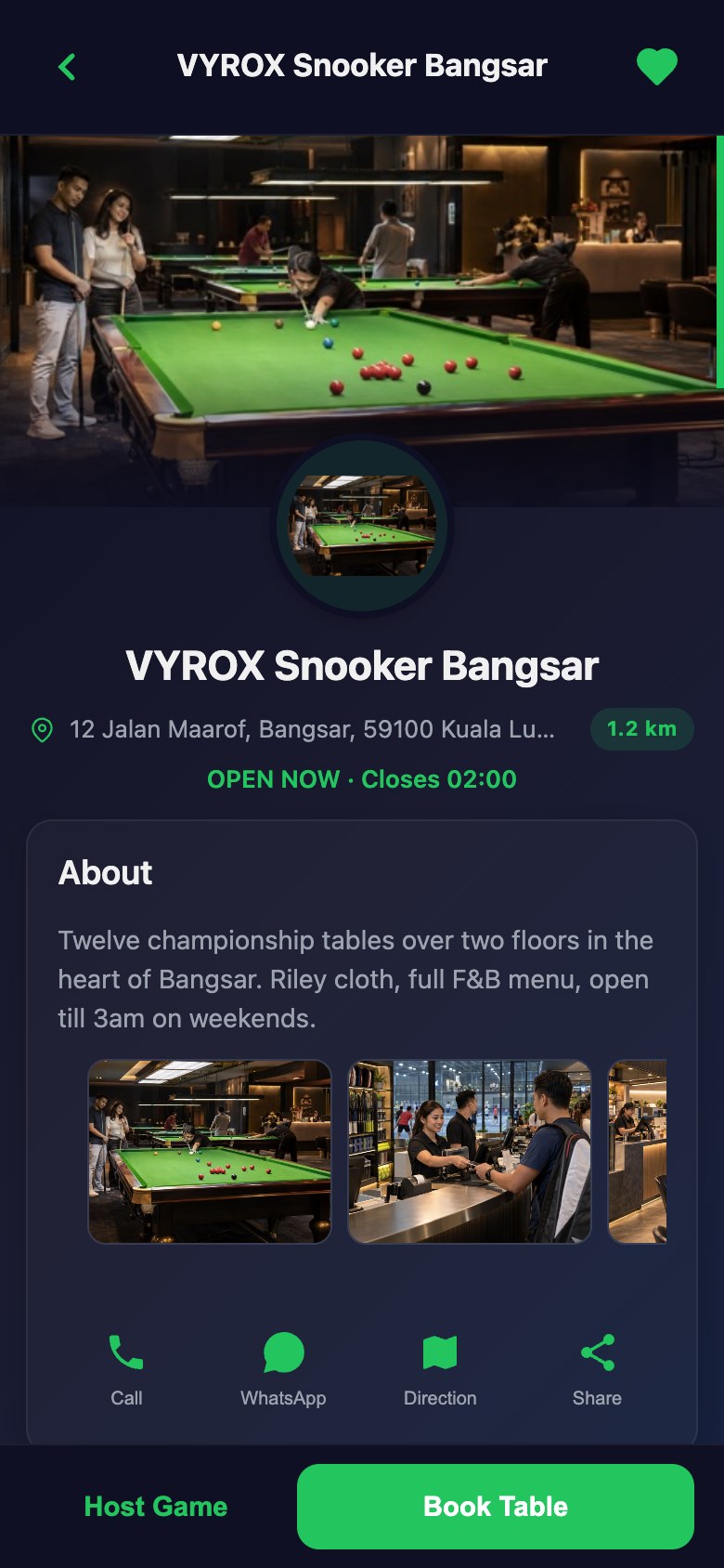 A club page in the Snooker King member app: photos, address, opening hours and one tap to book or call