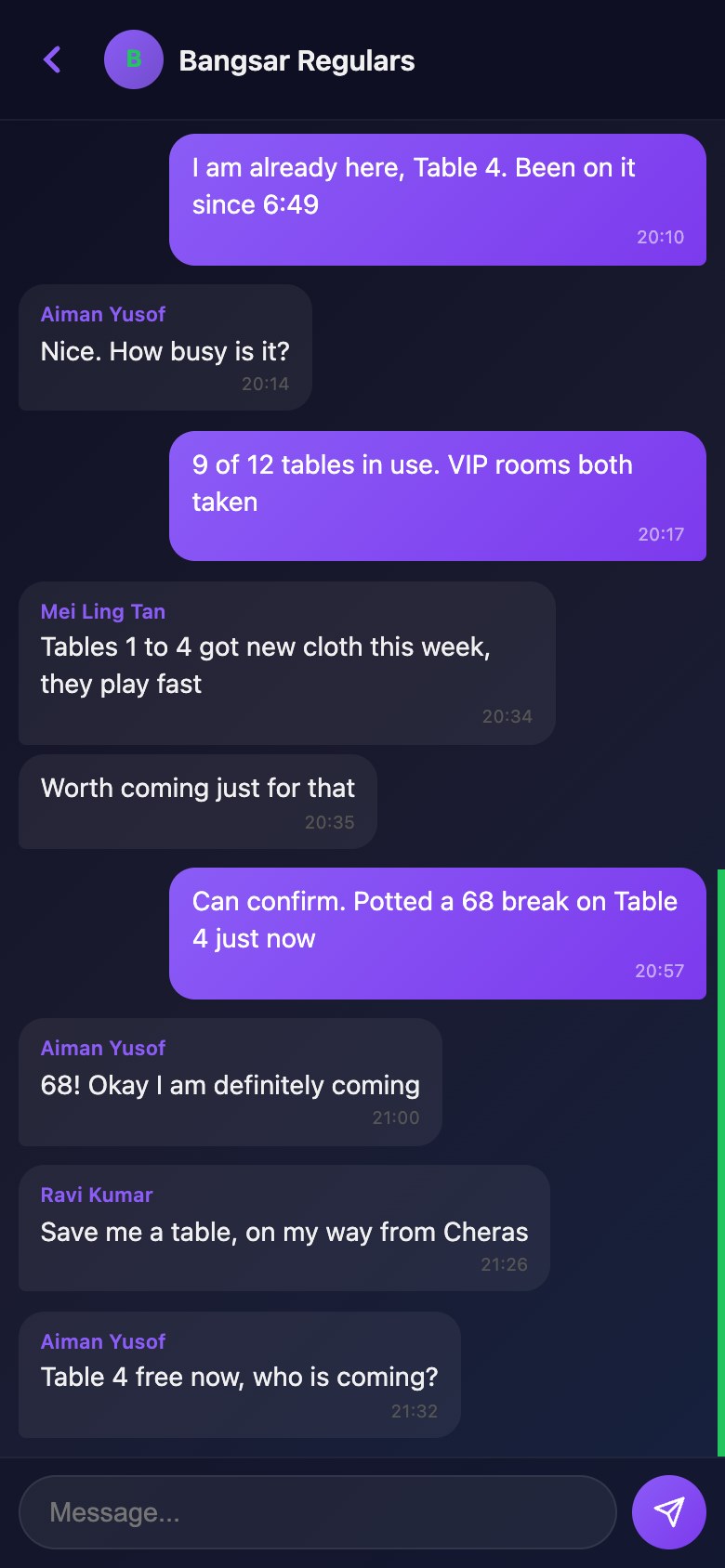 The club group chat in the Snooker King member app, where regulars arrange a frame