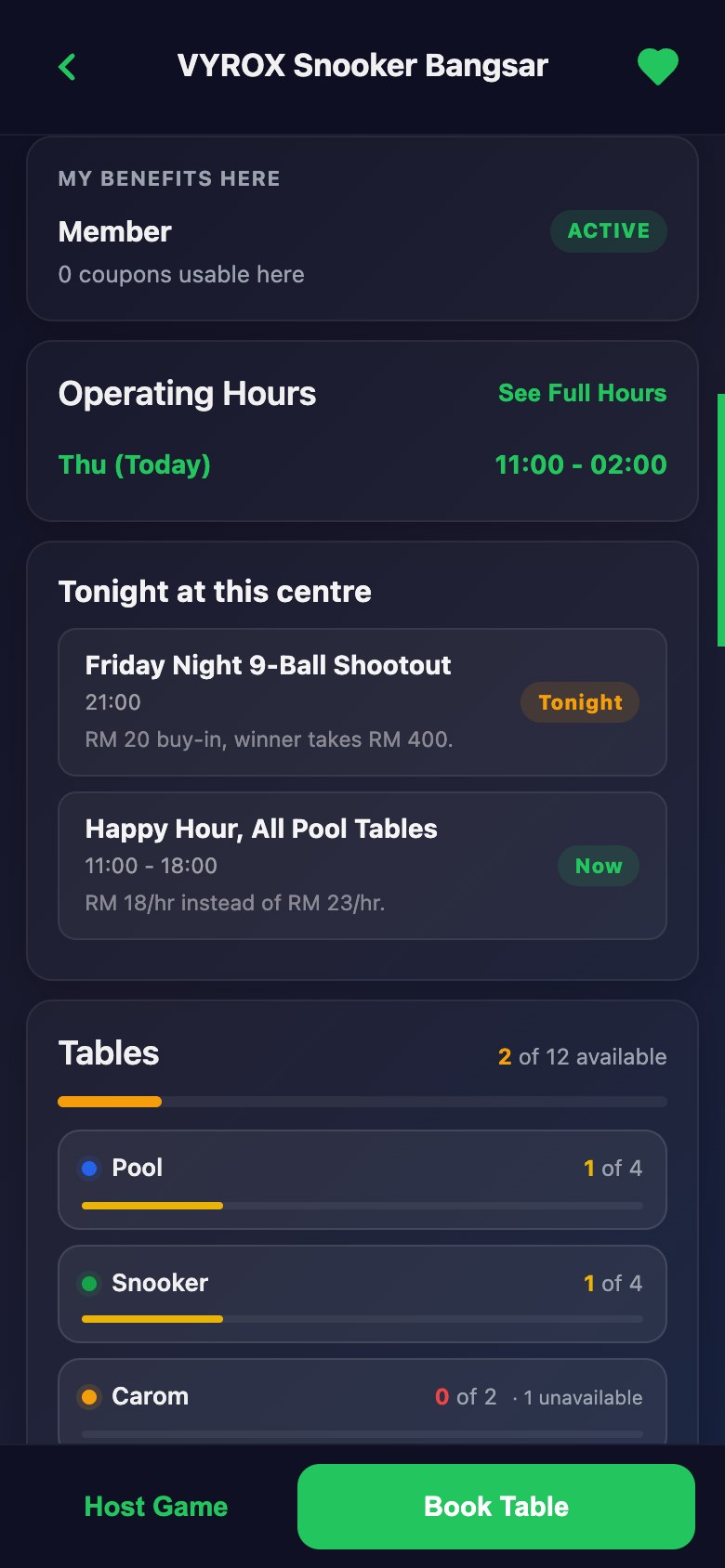 Opening hours and tonight’s events at a club, in the Snooker King member app