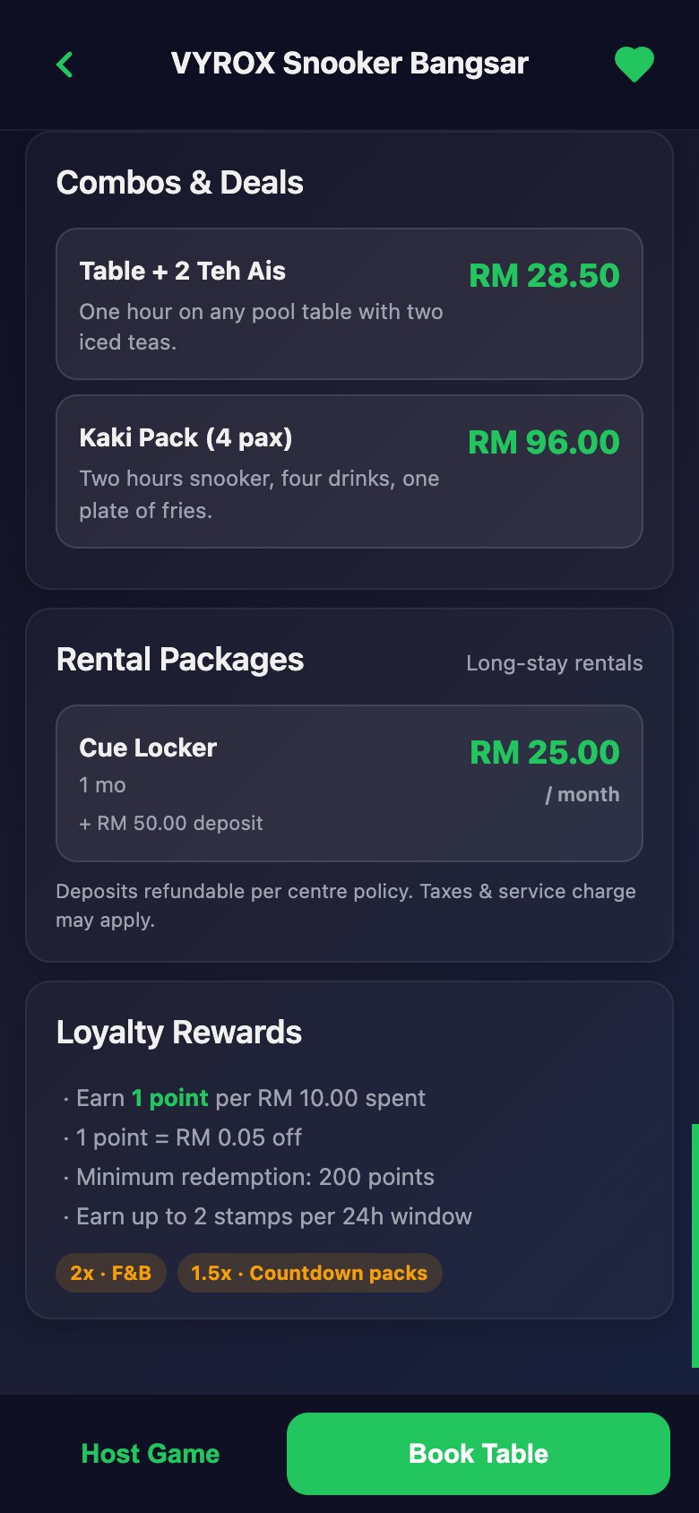 Combos, rental packages and loyalty rewards in the Snooker King member app