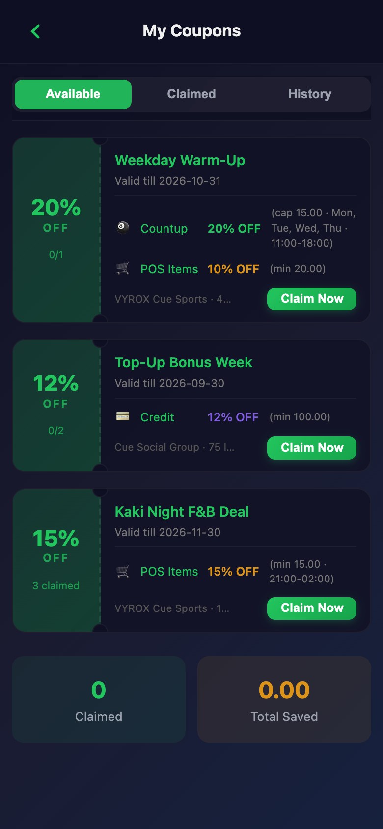 Coupons in the Snooker King member app: what is available, what is claimed and what it saved