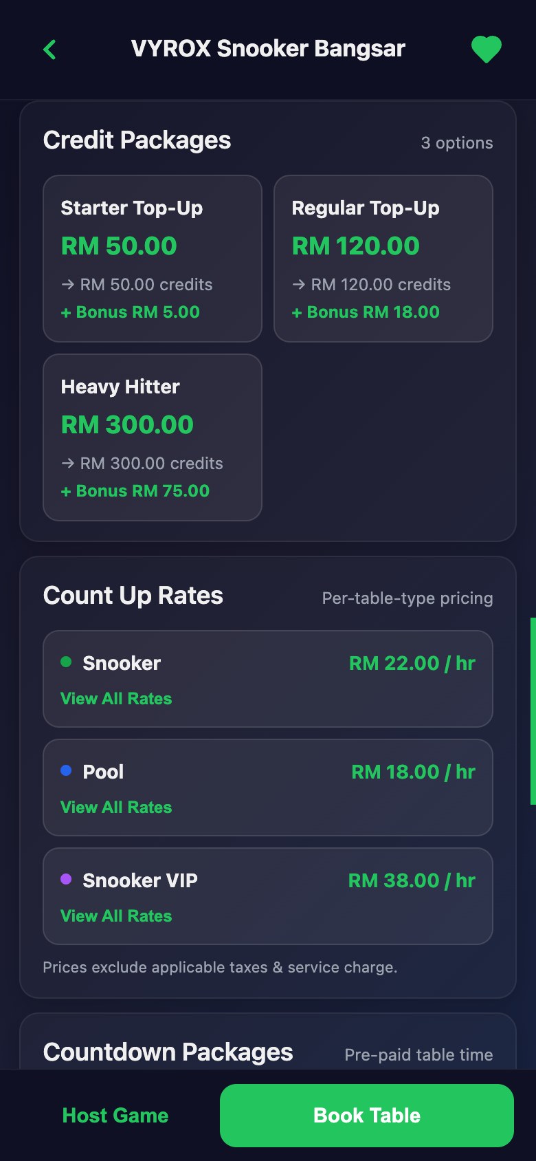Credit top-up packages in the Snooker King member app, each with the bonus credit it carries