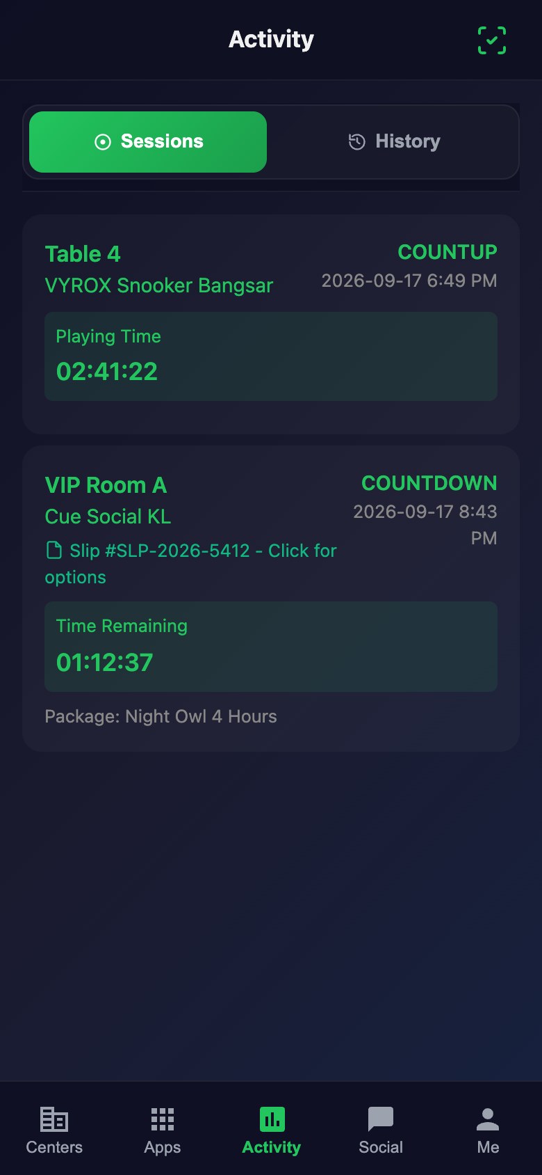 A session running in the Snooker King member app: the table, the timer and what it has reached so far
