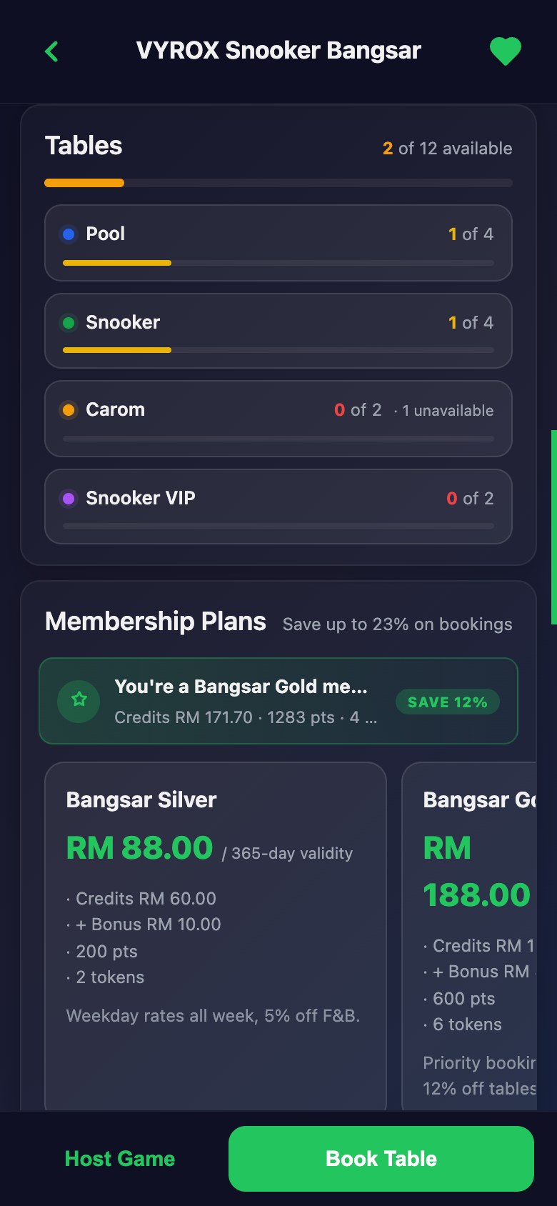 Live table availability in the Snooker King member app: which tables are free right now and at what rate