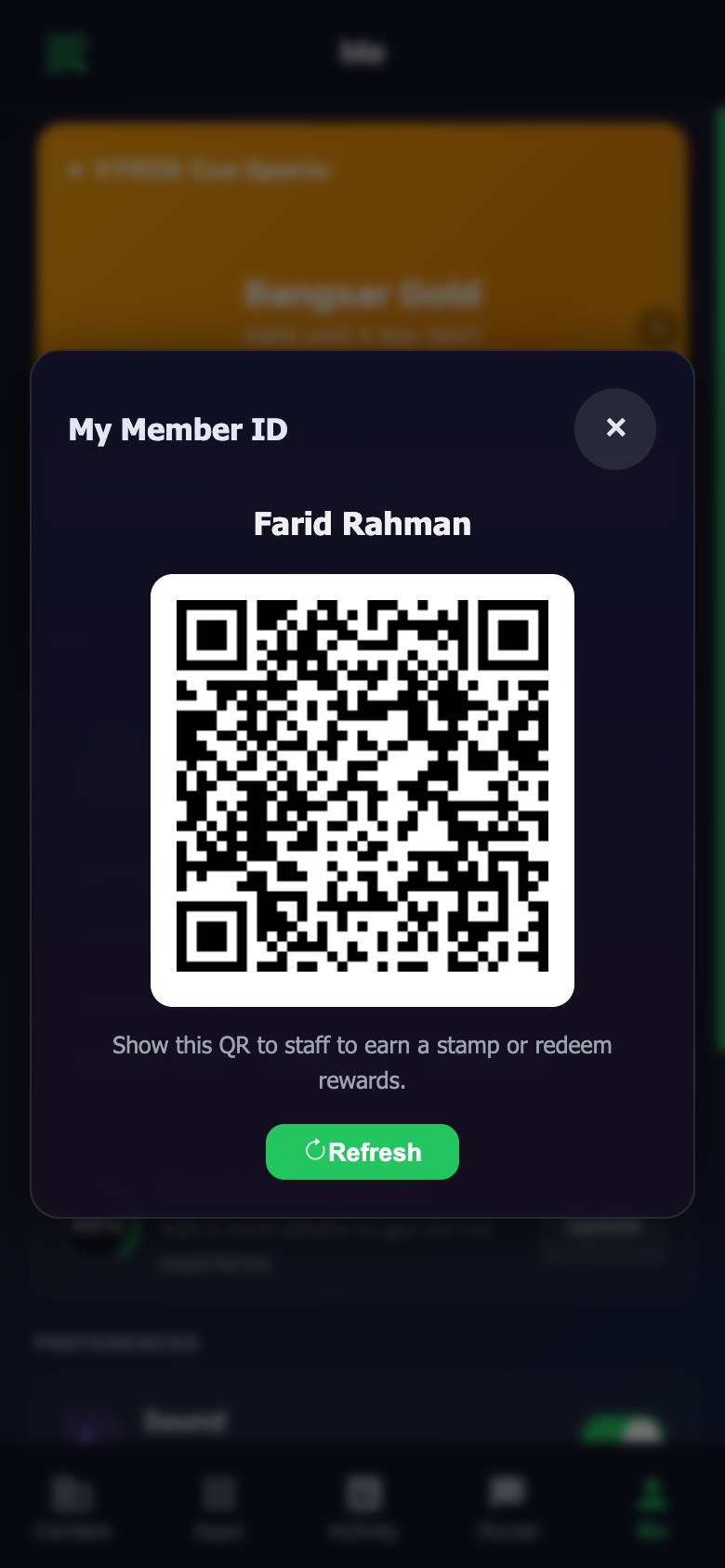 The member QR code in the Snooker King member app, scanned at the counter instead of giving a name