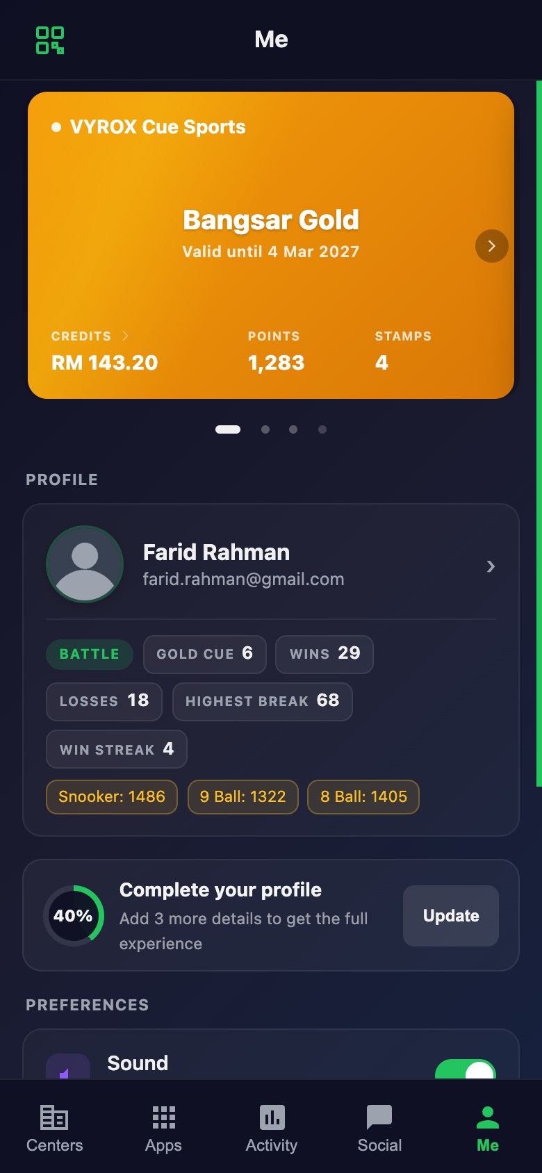 The membership card in the Snooker King member app: tier, credit balance and points on one screen