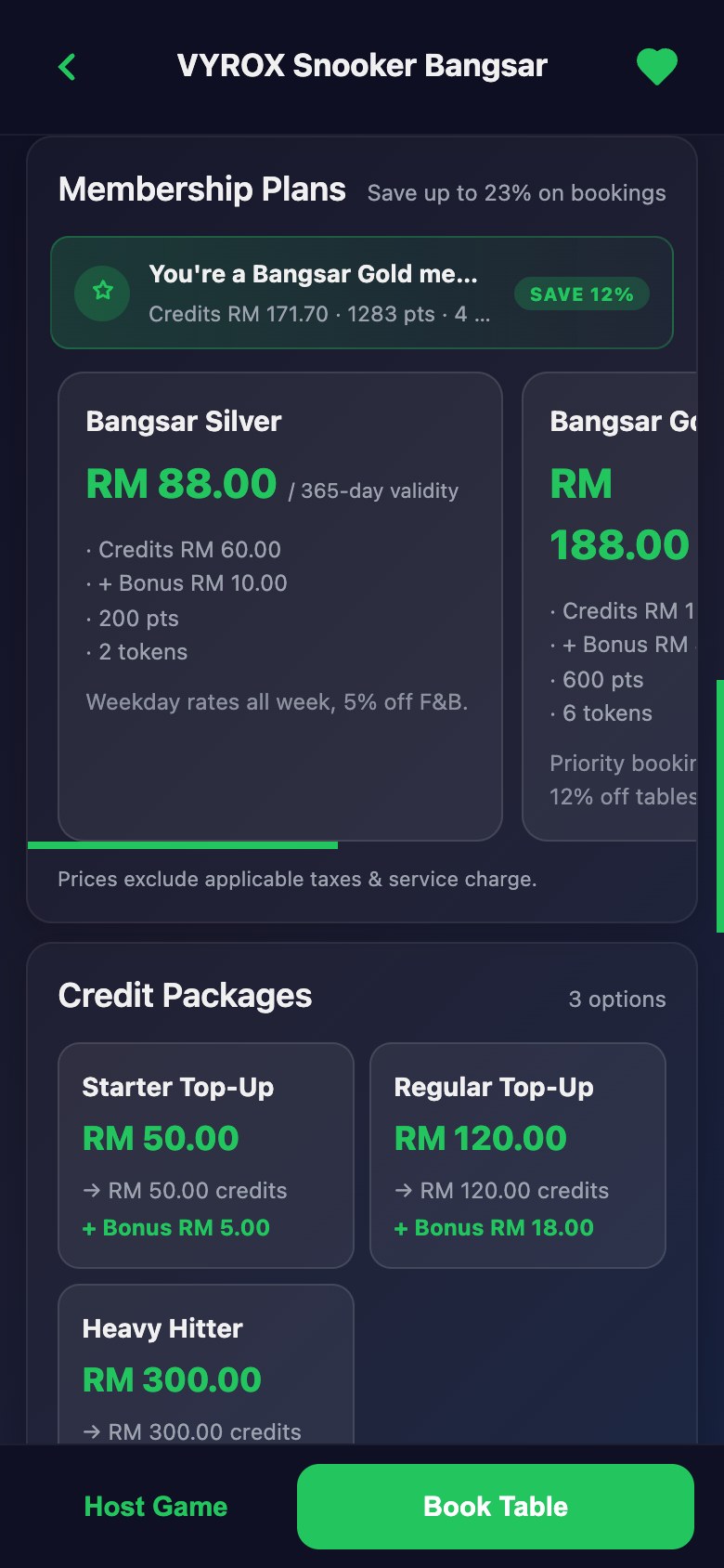 Membership plans in the Snooker King member app, with what each tier costs and what it earns