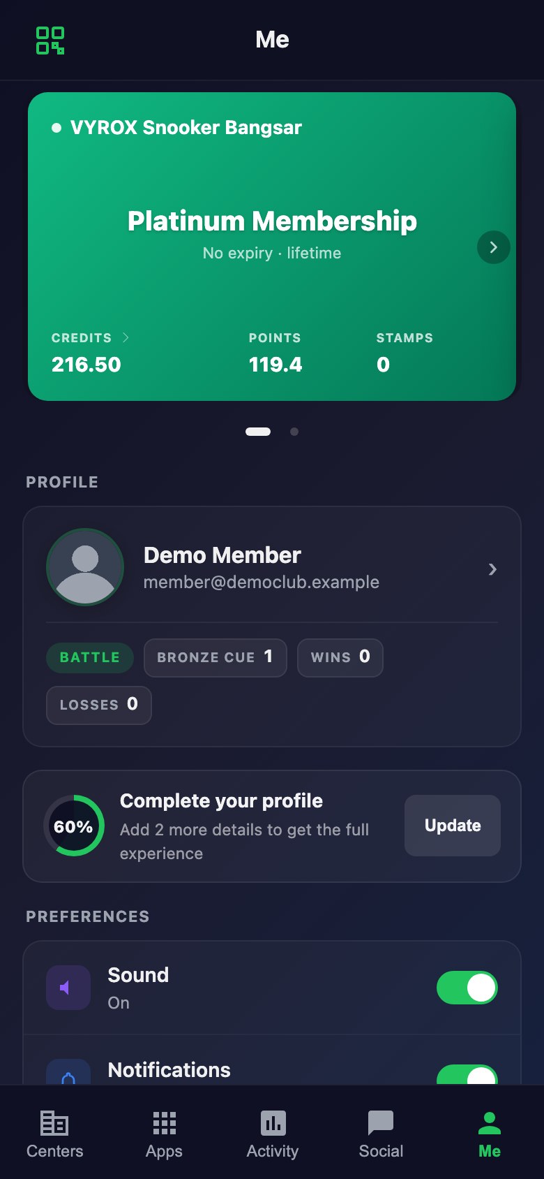 The member account screen in Snooker King: membership tier, credit balance, loyalty points and stamps, match record and app preferences