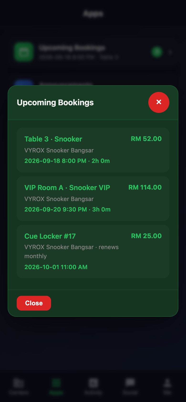 Upcoming bookings in the Snooker King member app, with the table and the time held