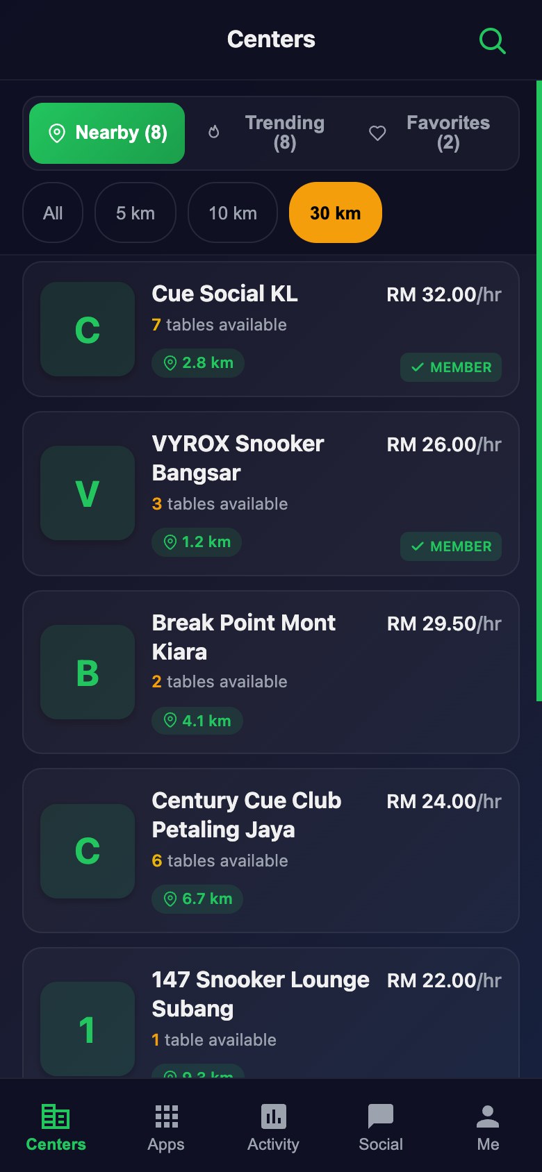 The Snooker King member app: snooker clubs near you with distance, hourly rate and how many tables are free