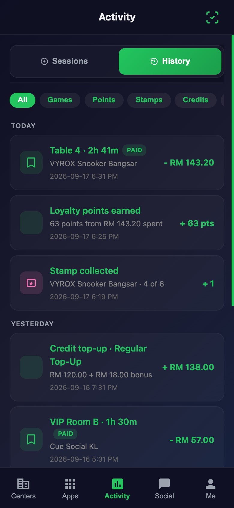 Transaction history in the Snooker King member app: every visit, every top-up and every ringgit