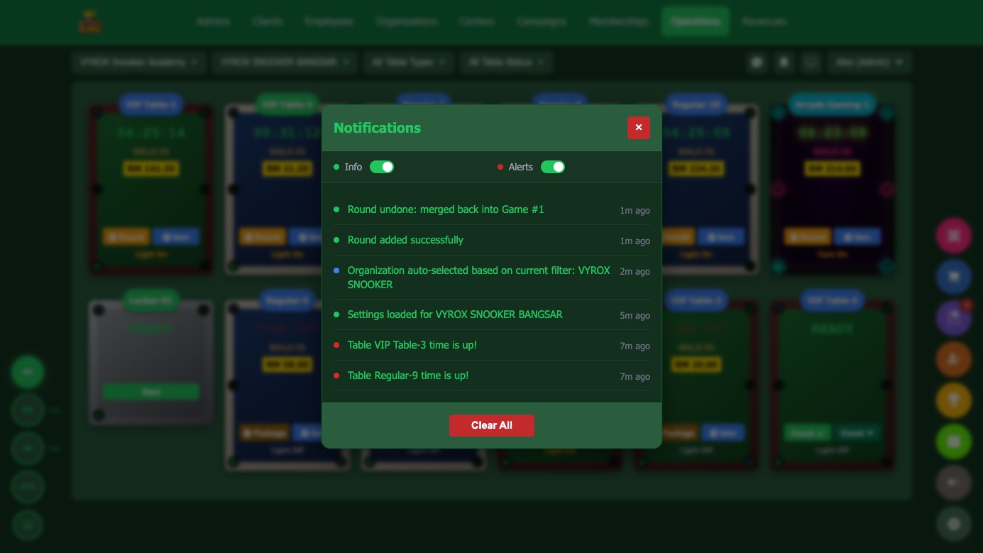 The Snooker King alert feed: time-up tables, unpaid bills and low stock raised to whoever is on shift
