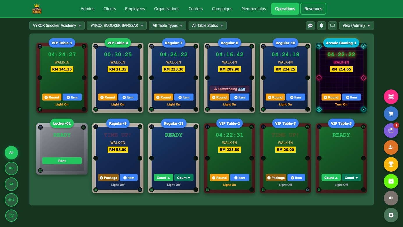 The Snooker King operations floor: twelve table cards with live timers, walk-in tags, running spend, an outstanding-bill flag and light control on each one