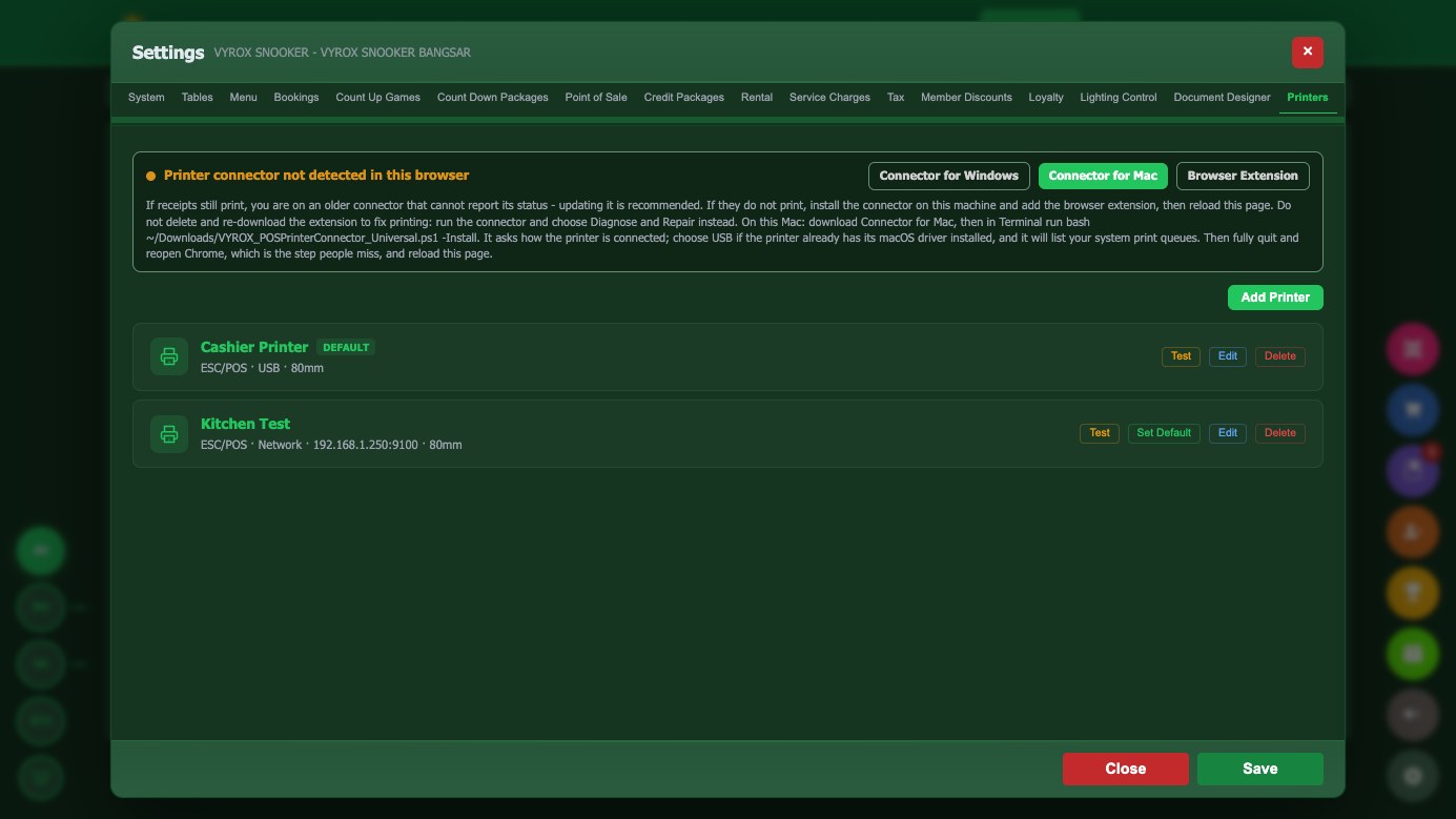 Printer setup in Snooker King: counter, kitchen and bar stations with the documents each one is responsible for