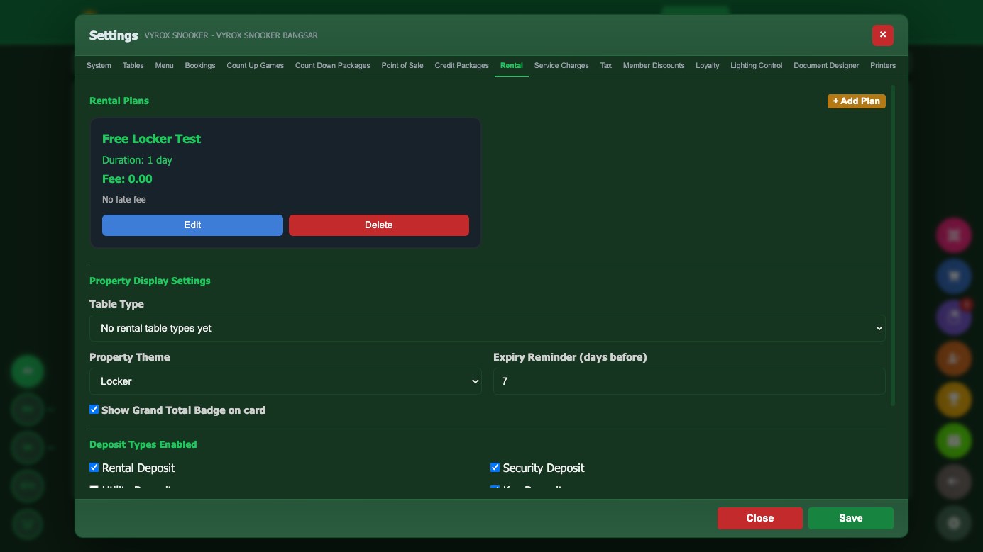 Cue and locker rental in Snooker King: each unit with its rate, its deposit and whether it is out on hire right now