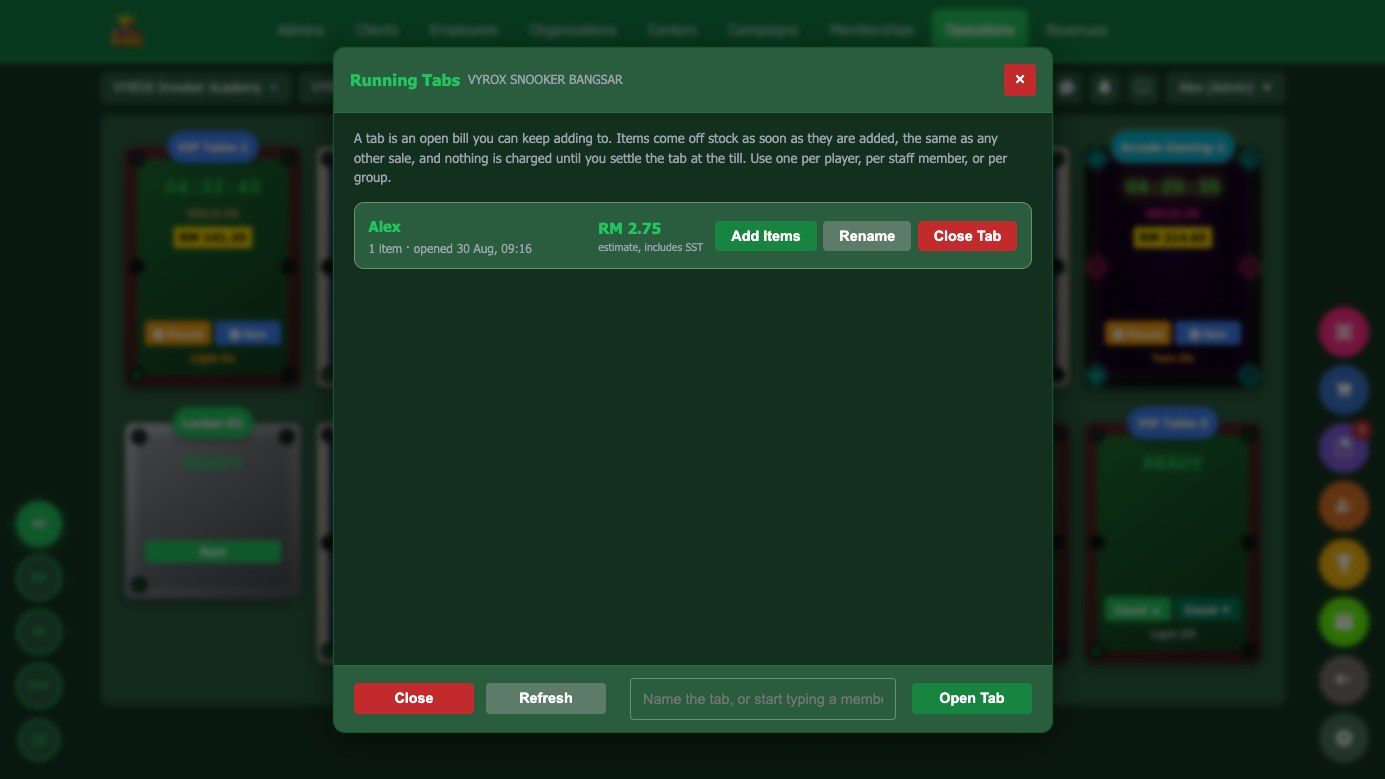 Running tabs in Snooker King: every open tab on the floor with what is on it and what it has reached so far