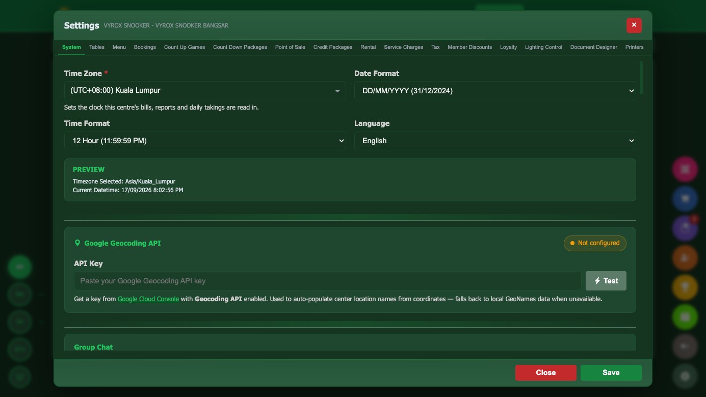 Snooker King centre settings: timezone, date and time format, language and the live preview of how every bill and report will read