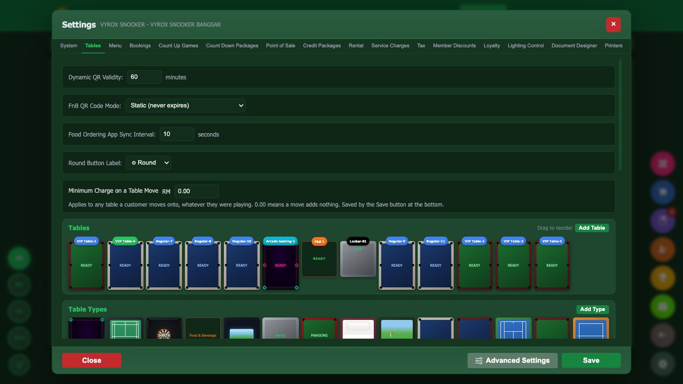 Table setup in Snooker King: every table with its type, zone, rate card and the relay channel that drives its light