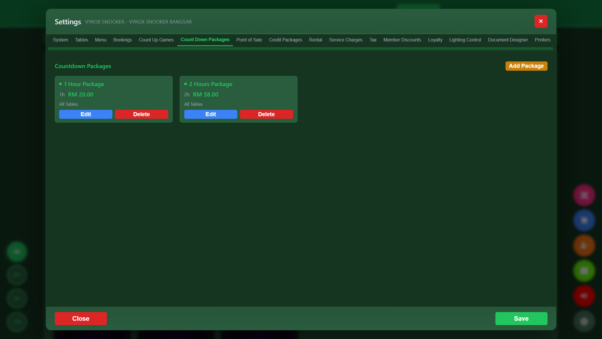 Snooker King countdown packages — 1 hour and 2 hour prepaid play tiers for the venue owner