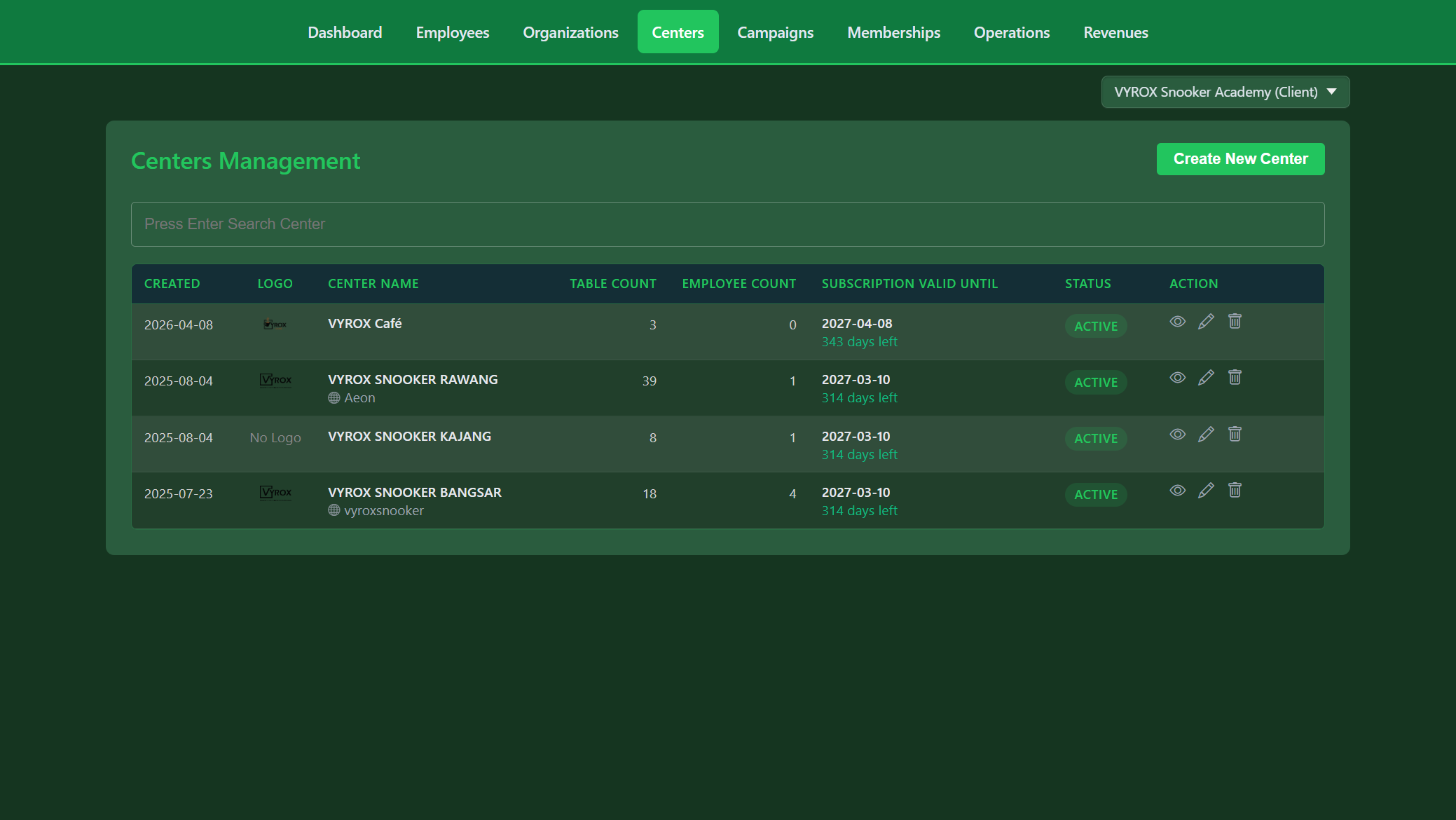 Snooker King multi-branch center console — 4 venues with logos, table counts, subscription validity at a glance