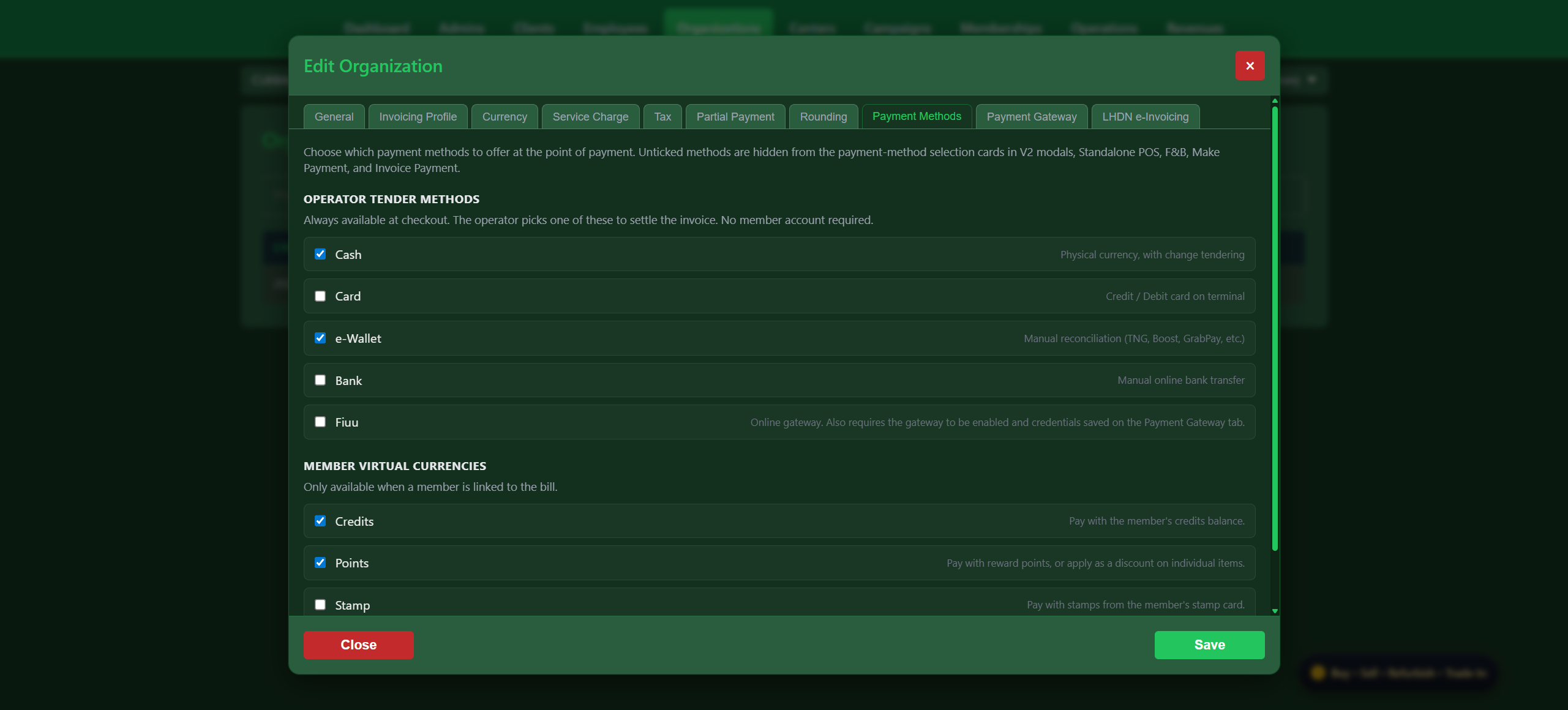 Snooker King payment methods configuration - operators toggle exactly which operator tender methods and member virtual currencies (cash, card, e-wallet, bank, Fiuu, credits, points, stamps) are offered at checkout
