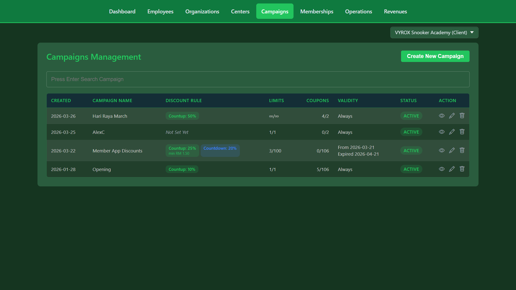 Snooker King campaign engine — Hari Raya, Member App, Opening campaigns with usage tracking and coupon limits