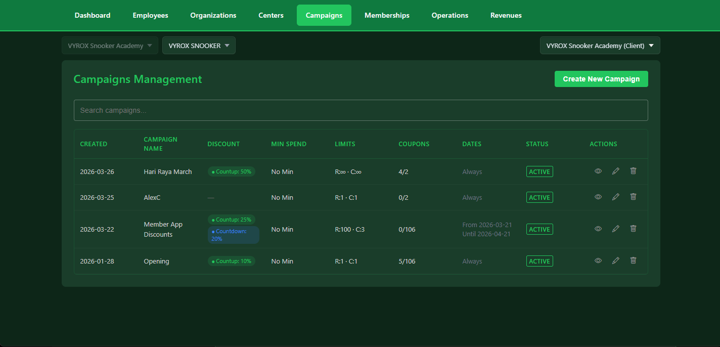 Snooker King coupon and promotional campaign creation tool for snooker center marketing